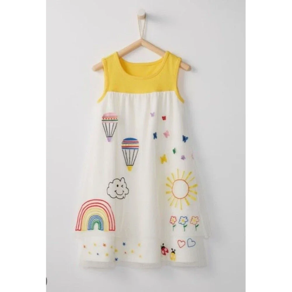 Hanna Anderson Girls Embroidered Tulle Dress Yellow Size 120 6/7 GUC